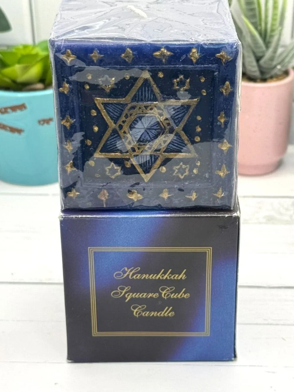 Hanukkah Square Cube Candle With Star Of David & Menorah Design